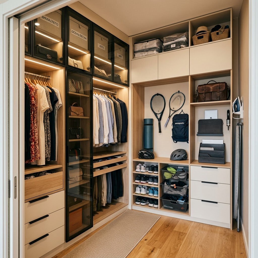 Гардеробная на 3–6 м²: как спроектировать хранение «по сценарию жизни» (семья, спорт, офис, сезонность)